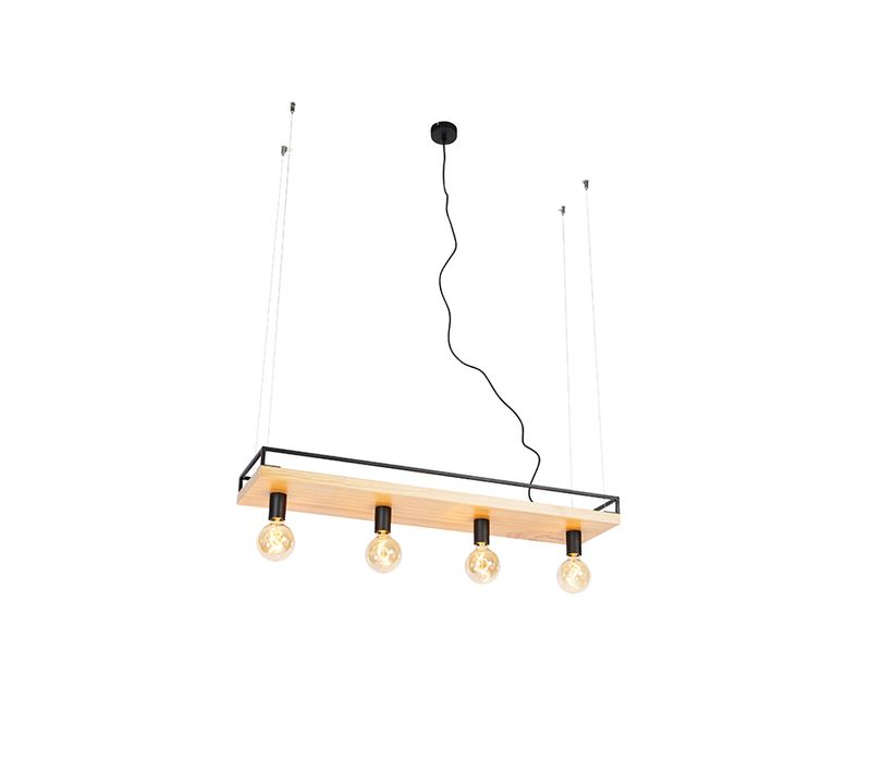 Suspension Industrielle Noire Avec Bois 4 Lumières - Shelf