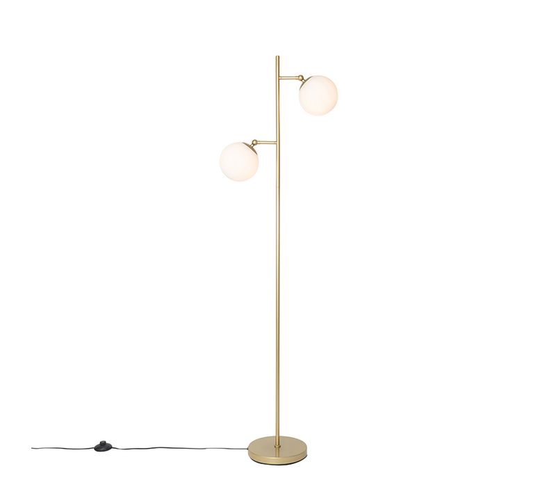 Lampadaire Art Déco Doré Avec Verre Opale 2 Lumières - Pallon