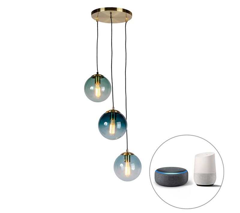 Lampe à Suspension Intelligente En Laiton Avec 3 Wifi St64 Avec Verre Bleu - Pallon