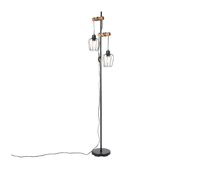Lampadaire Rustique Noir Avec Bois 2 Lumières - Stronk