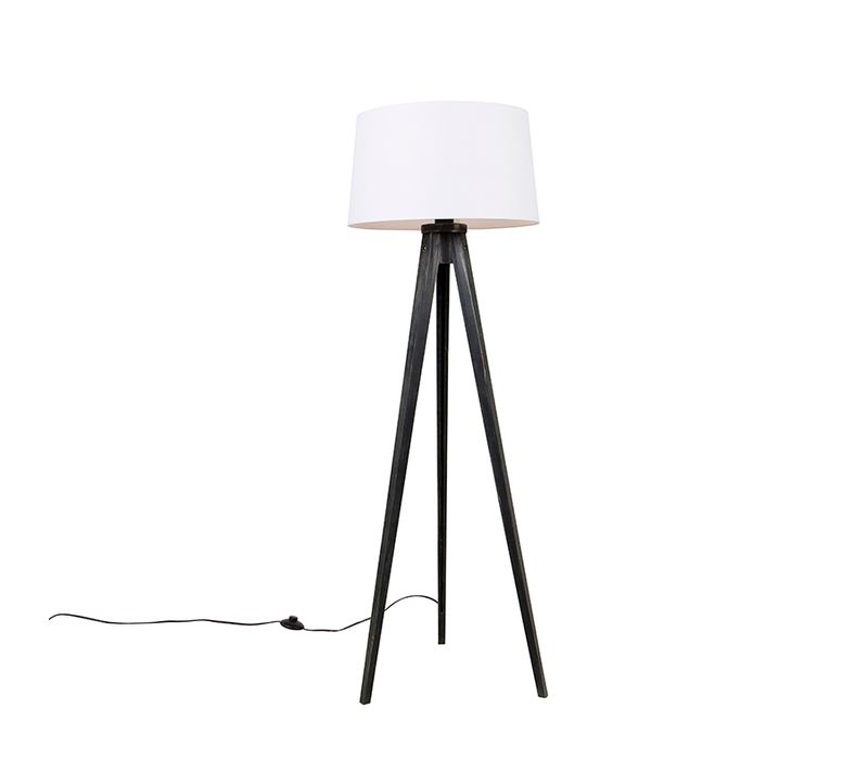 Trépied Noir Avec Abat-jour En Lin Blanc 45 Cm - Tripod Classic