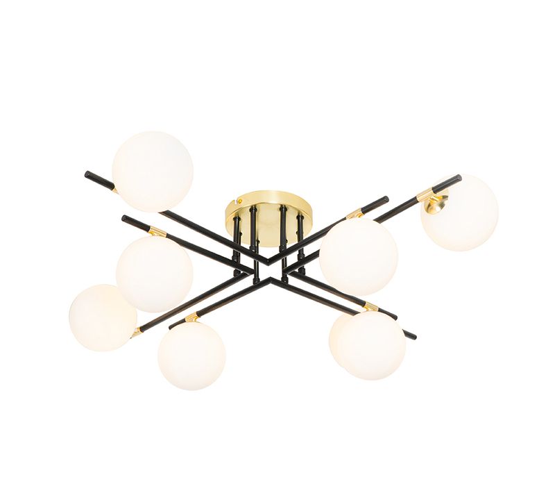 Plafonnier Noir Avec Or Et Verre Opale 8 Lumières - Lynn