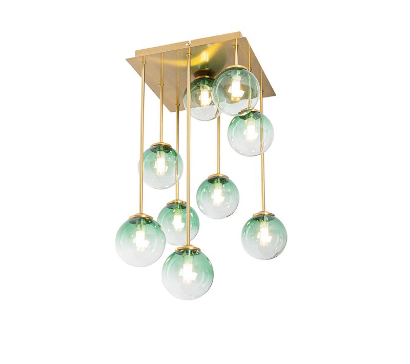 Plafonnier Art Déco Or Avec Verre Vert 9 Lumières - Athènes