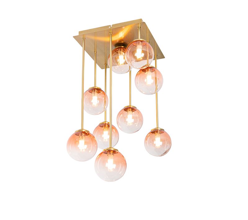 Plafonnier Art Déco Or Avec Verre Rose 9 Lumières - Athènes
