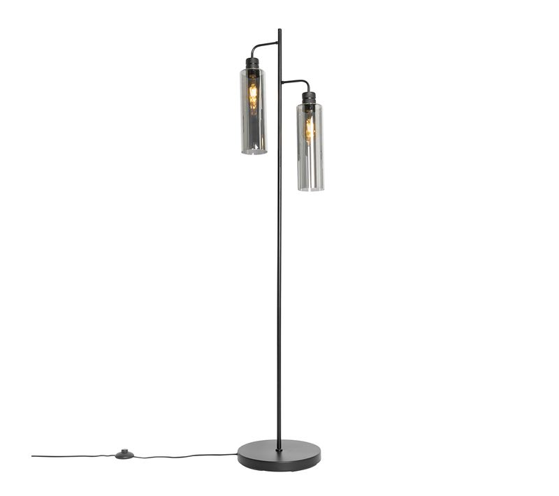 Lampadaire Moderne Noir Avec Verre Fumé 2 Lumières - Stavelot