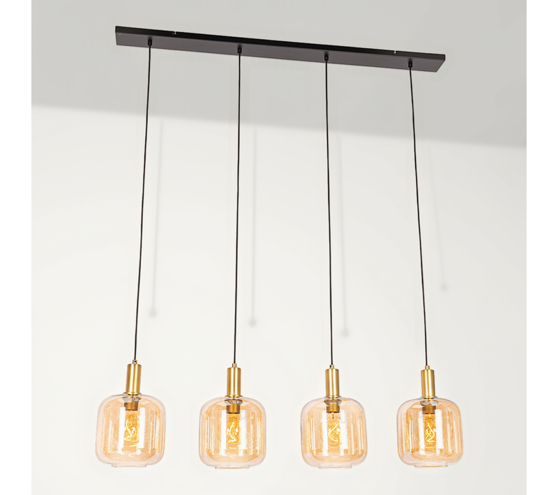Lampe à Suspension Design Noire Avec Laiton Et Verre Ambré 4 Lumières - Zuzanna