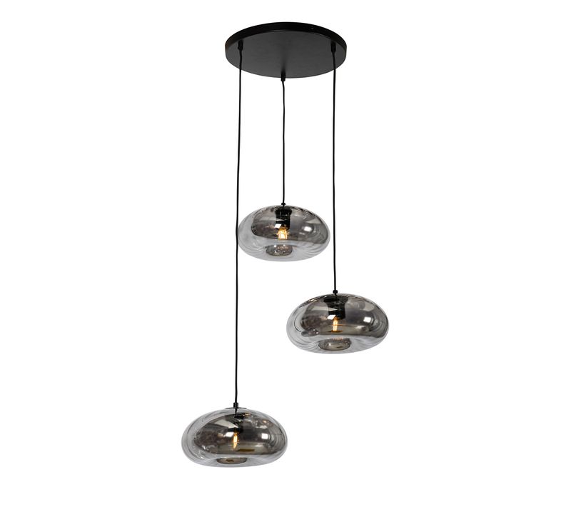 Lampe à Suspension Art Déco Noire Avec Verre Fumé Ronde 3 Lumières - Ayesha