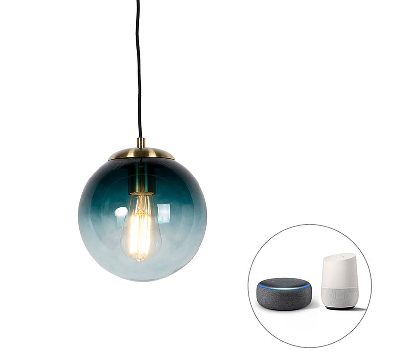 Lampe à Suspension Intelligente En Laiton Avec Verre Bleu Océan 20 Cm Avec Wifi St64 - Pallon