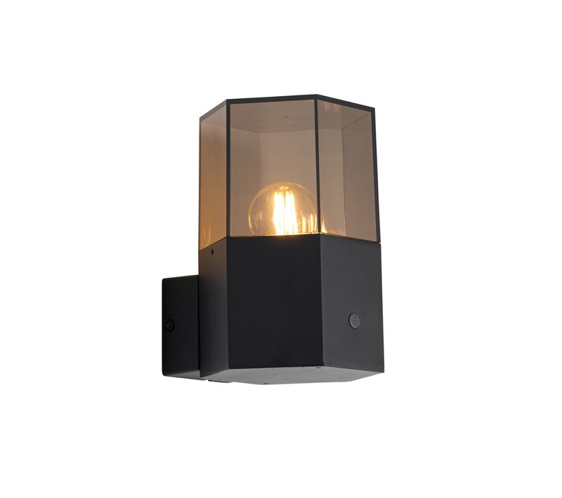 Applique Murale D'extérieur Noire Avec Verre Fumé Hexagonal Et Détecteur Crépusculaire - Danemark