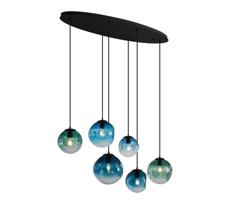 Suspension Art Déco Noire Avec Plaque De Plafond Ovale Et Verre Vert Et Bleu 6 Lumières - Douglass