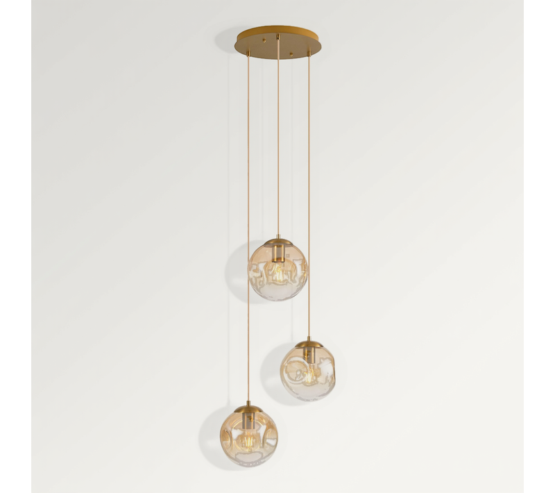 Suspension Art Déco Laiton Avec Verre Ambré 3 Lumières - Douglass