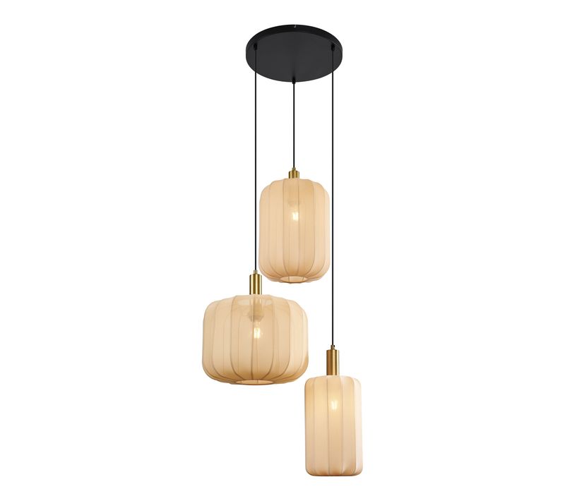 Suspension Japandi Noire Et Dorée Avec Abat-jour Beige 3 Lumières - Pluni