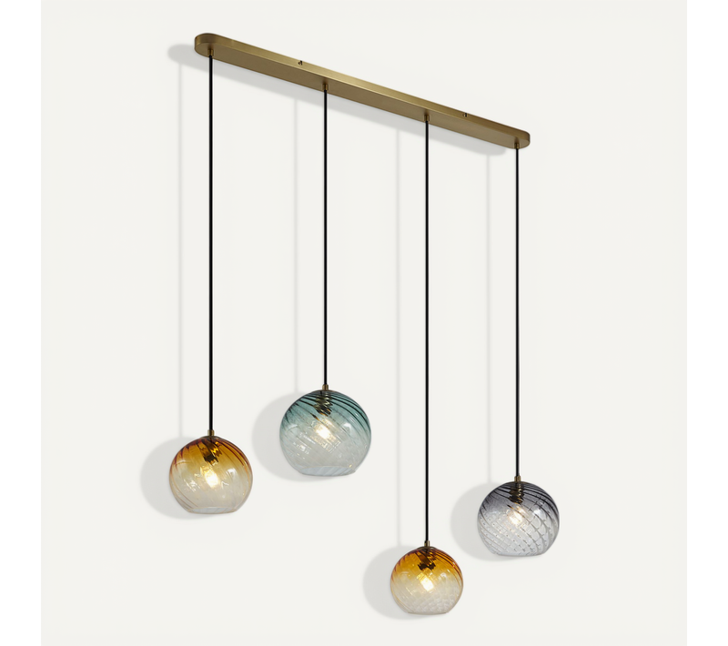 Suspension Bronze Avec Verre Fumé Ambré Et Vert Rectangulaire 4 Lumières - Bao
