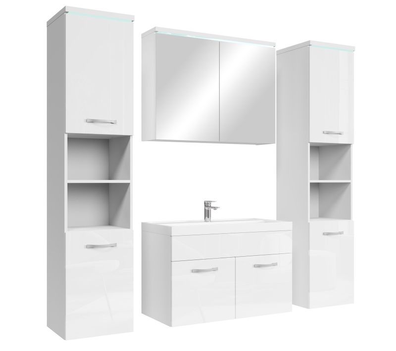 Meuble De Salle De Bain Paso XL 80 X 40 Cm Blanc Brillant  – Armoire De Rangement Meuble Lavabo