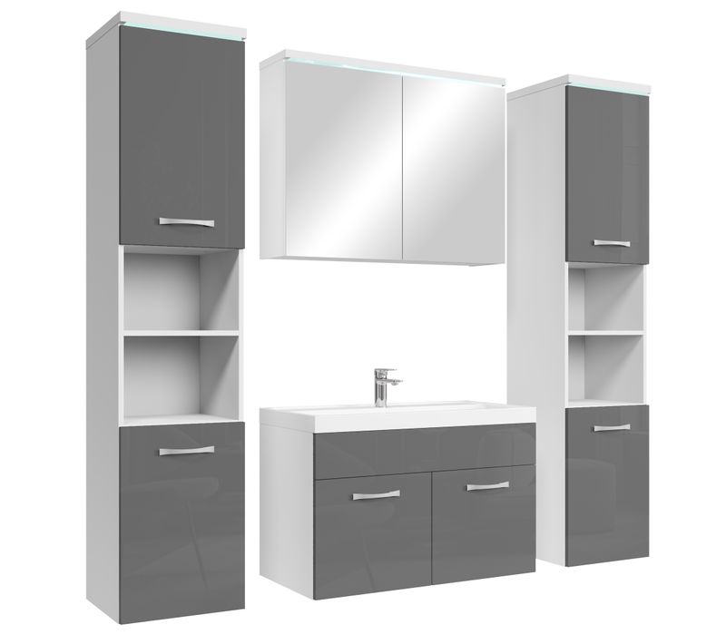 Meuble De Salle De Bain Paso XL 80 X 40 Cm Gris Brillant  – Armoire De Rangement Meuble Lavabo