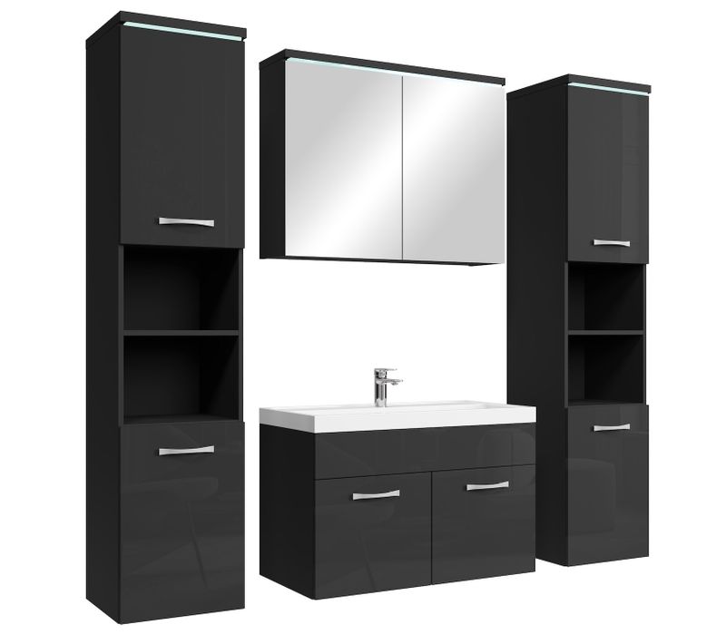 Meuble De Salle De Bain Paso XL 80 X 40 Cm Noir Brillant  – Armoire De Rangement Meuble Lavabo