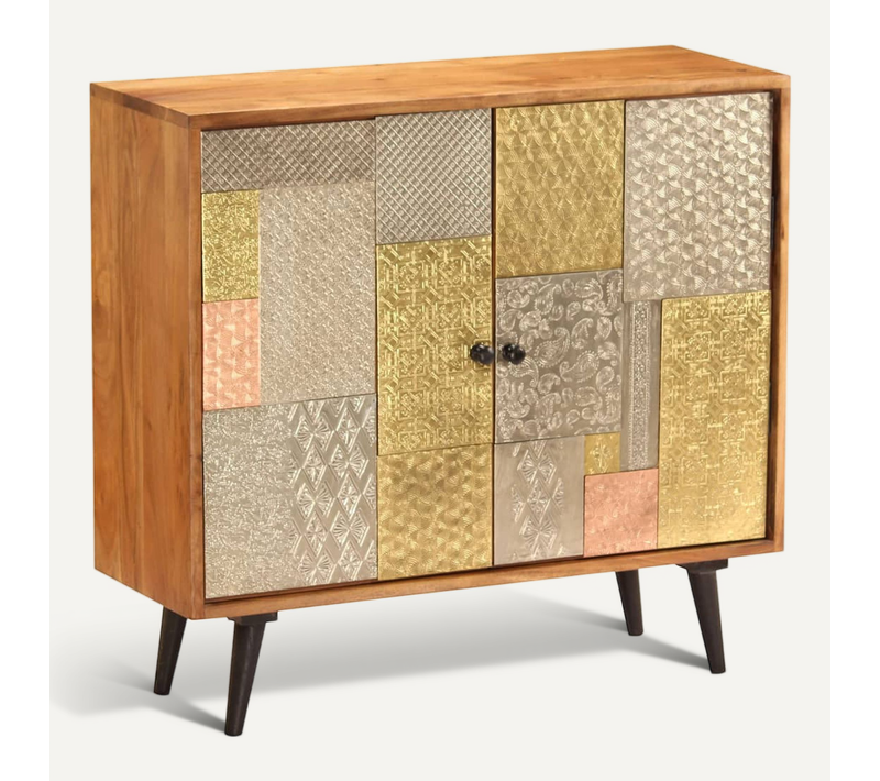 Buffet En Bois D'acacia Massif 80x30x75 Cm, 2 Compartiments, Grain De Bois Unique