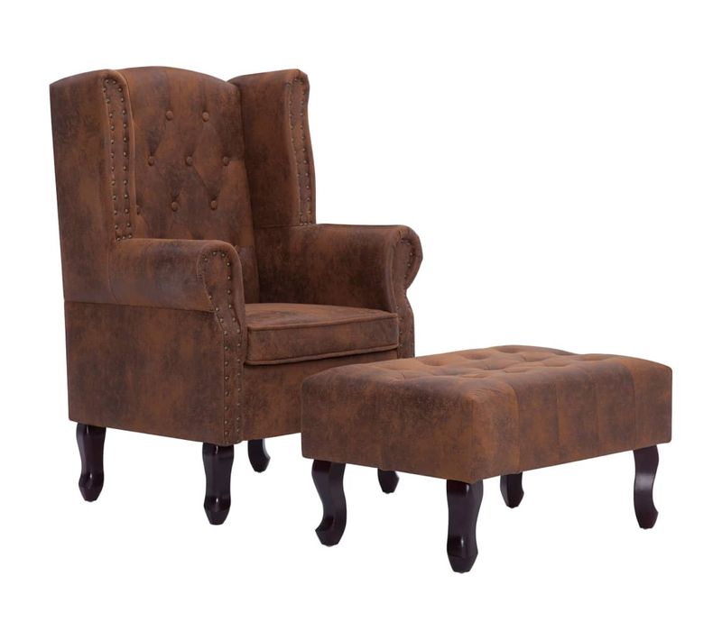 Fauteuil Chesterfield Et Repose-pieds Marron Similicuir Daim