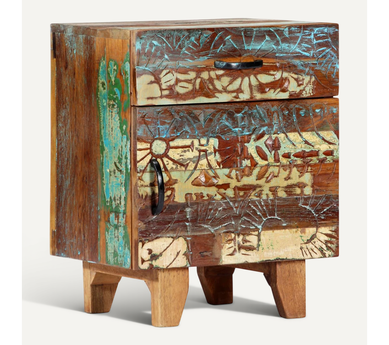 Table De Chevet Sculptée à La Main 40x30x50cm Bois Récupération