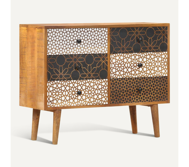 Buffet Avec Motif Imprimé 90x30x70 Cm Bois De Manguier Massif