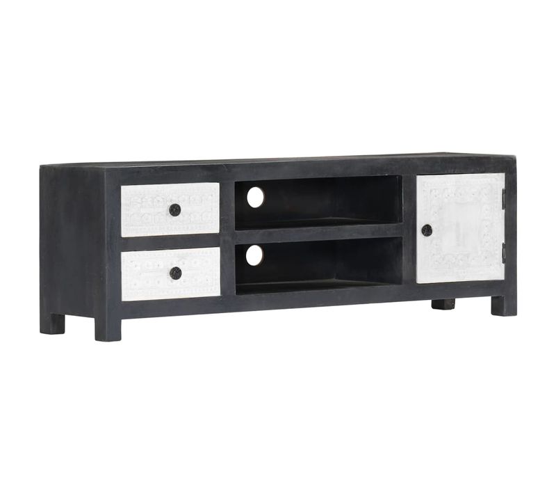 Meuble TV Sculpté à La Main Gris Et Blanc 120x30x40 Cm Manguier