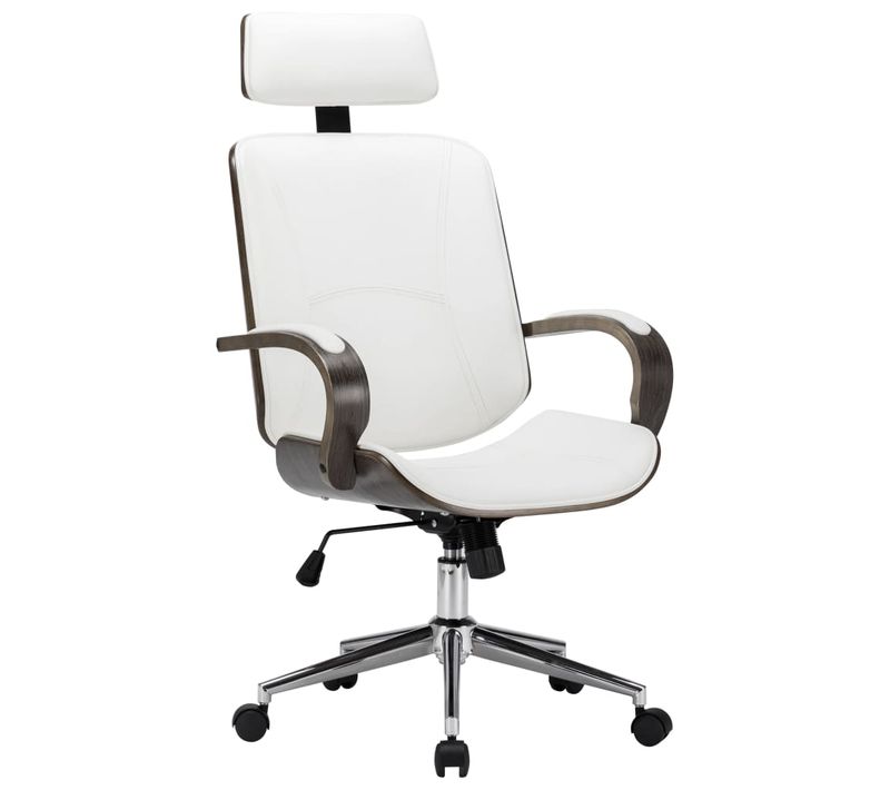 Chaise De Bureau Avec Appuie-tête Blanc Simili Et Bois