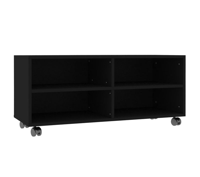 Meuble TV 4 Compartiments Ouverts 90 X 35 X 35 Cm Noir Rangement Mobile Avec Roulettes