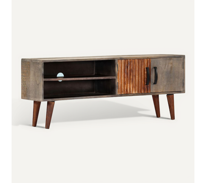 Meuble TV Gris 130x30x46 Cm Bois Massif De Manguier Brut