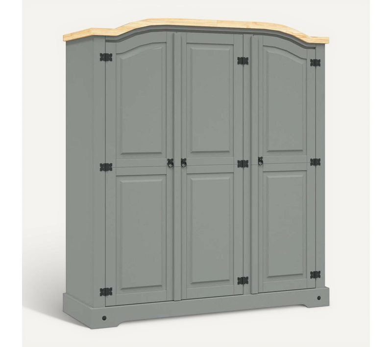 Armoire 3 Portes Pin Massif Gris Style Mexicain Corona Corps Gris Plateau Marron