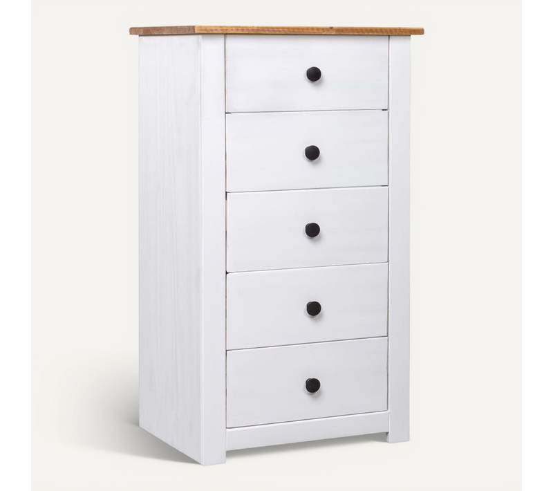 Buffet Avec 5 Tiroirs Et étagère D'affichage Blanc 46x40x89 Cm Pin Gamme Panama