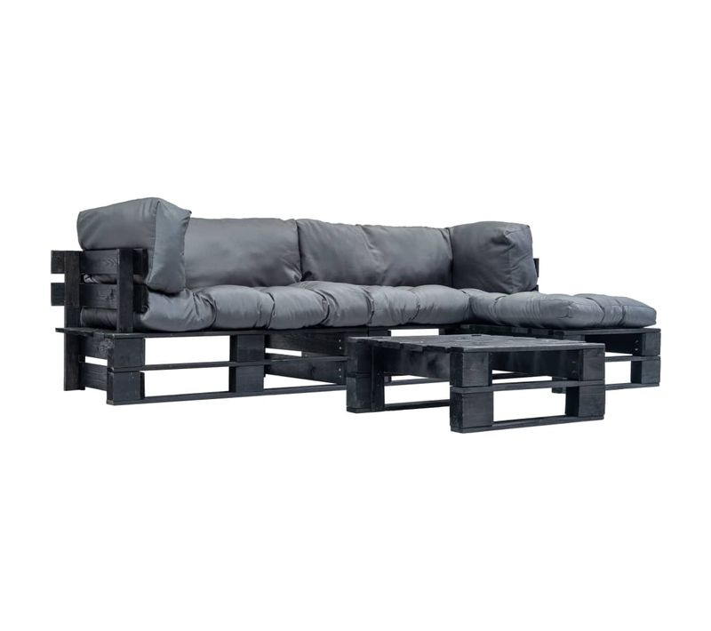Salon De Jardin Palette 4 Pièces Avec Coussins Gris Bois