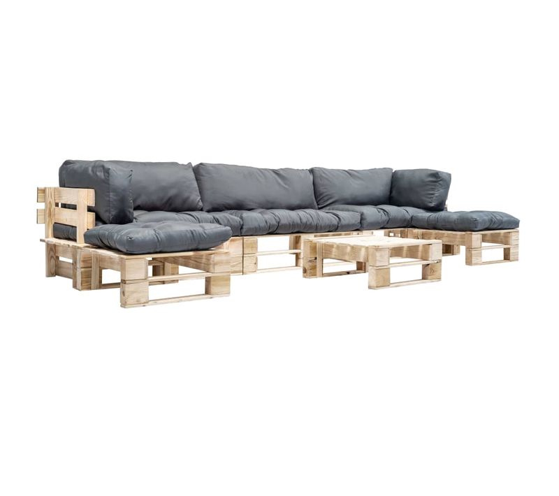 Salon De Jardin Palette 6 PCs Avec Coussins Gris Bois