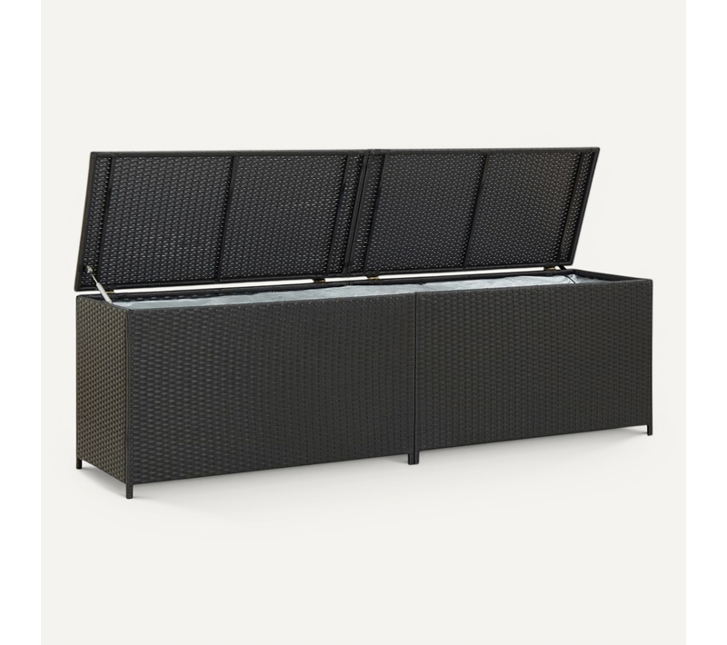 Vidaxl Boîte De Rangement De Jardin Résine Tressée 200x50x60 Cm Noir Coffre De Stockage Terrasse