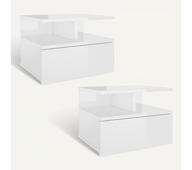 Tables De Chevet 2 Pièces Avec Tiroir Mural Blanc Brillant 40x31x27cm Bois Contreplaqué Armoires