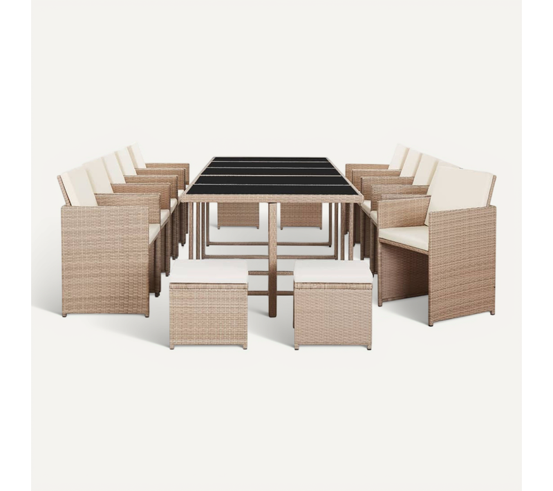 Salon De Jardin Avec Coussins 15 PCs Résine Tressée Beige