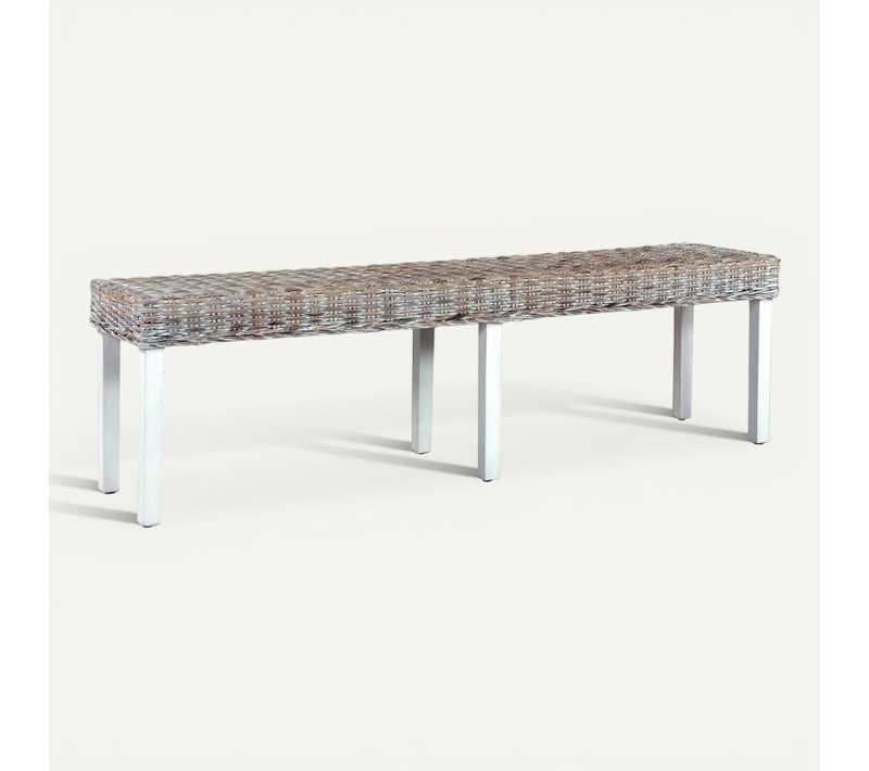 Banc 160 Cm Blanc Rotin Naturel Kubu Et Bois De Manguier Massif