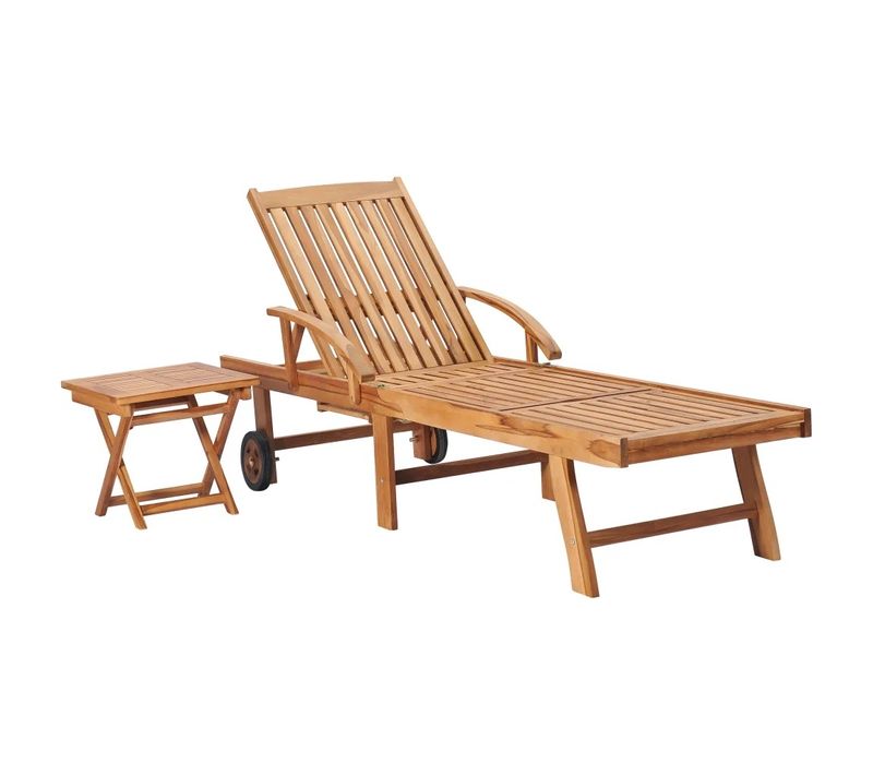 Chaise Longue Avec Table En Bois - 195x59.5x35 Cm - Naturel