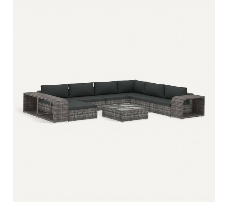 Salon De Jardin 10 PCs Avec Coussins Résine Tressée Gris