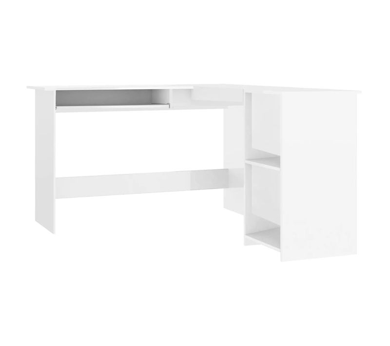 Bureau D'angle En L 120x140x75cm, Blanc Brillant, Plateau Coulissant Pour Clavier, 2 Étagères