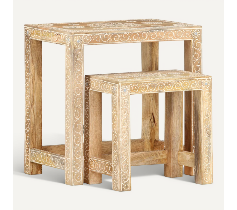 Tables D'appoint Peintes À La Main 2pcs Bois De Manguier Solide