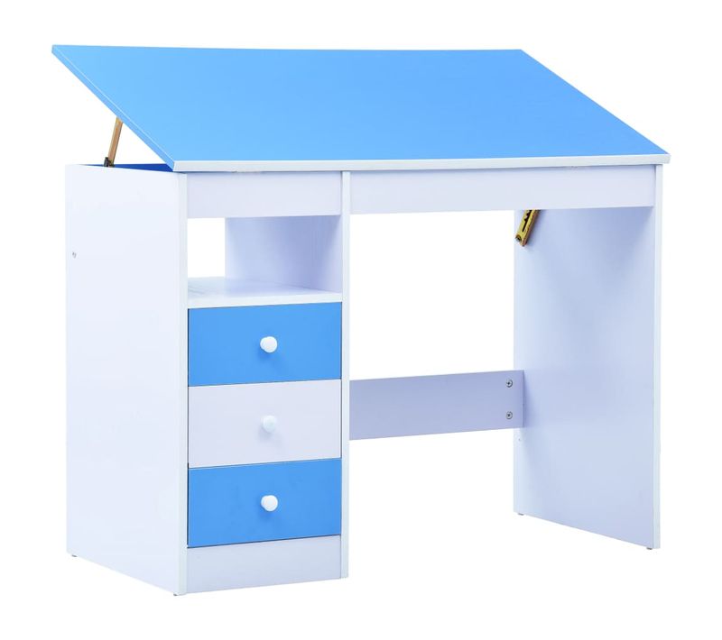 Bureau Enfant Inclinable Bleu Et Blanc 100x55x73-87 Cm Avec 3 Tiroirs Et étagère