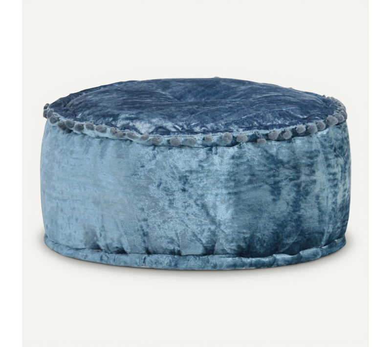 Pouf Rond Velours 40x20 Cm Bleu