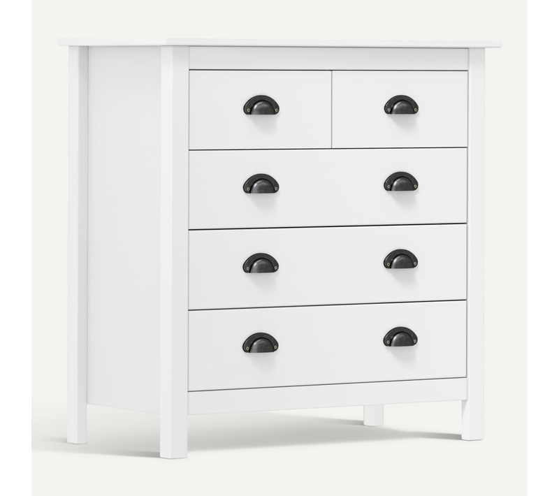 Buffet 5 Tiroirs En Pin Massif Blanc, Meuble De Rangement Moderne