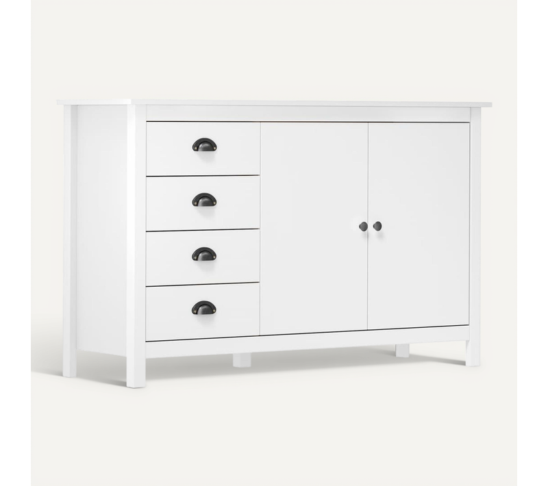 Buffet 2 Portes 4 Tiroirs En Pin Massif Blanc, Meuble De Rangement Robuste