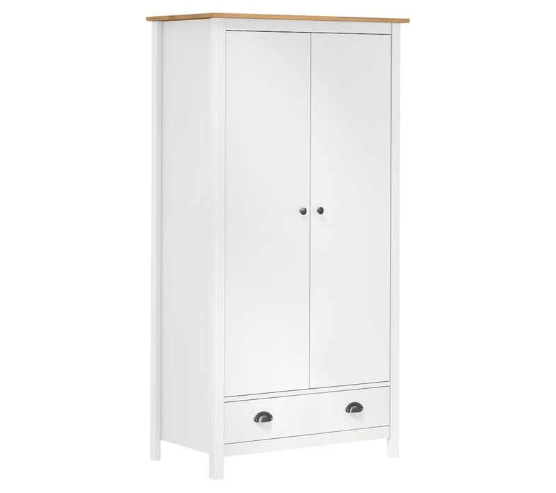 Armoire 2 Portes, 1 Tiroir, 1 Étagère, En Pin Massif Blanc, Robuste, Avec Barre De Suspension