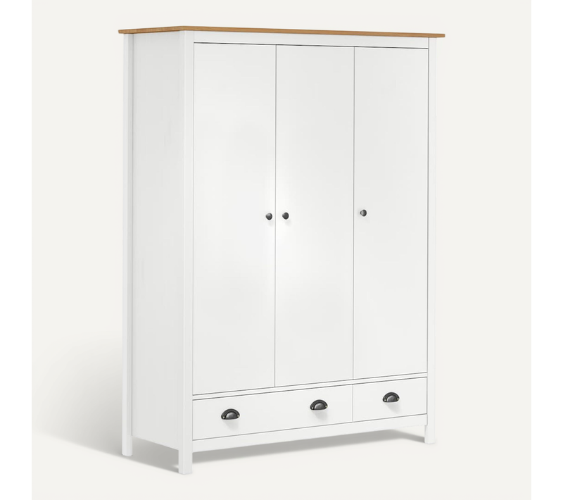 Armoire En Pin Massif À 3 Portes Avec 2 Tiroirs Et Rail De Suspension Blanc 127x50x170 Cm
