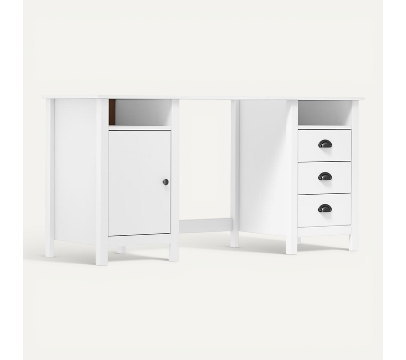 Bureau "hill" Blanc Avec 3 Tiroirs Et étagères Ajustables 150x50x74 Cm Bois De Pin Massif
