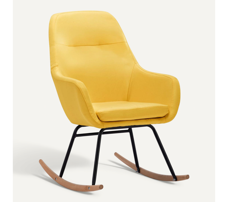 Chaise À Bascule En Tissu Jaune Moutarde Avec Coussin Rembourré Et Pieds En Bois De Hêtre