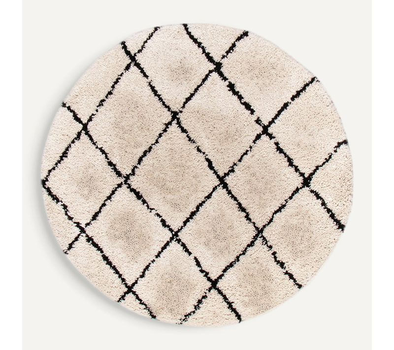 Tapis Rond à Poils Longs - Grand Lines Crème/noir - Rond - D. 200 Cm