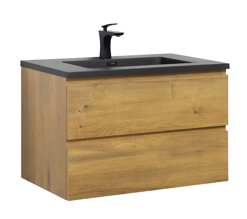 Meuble De Salle De Bain Angela 80 Cm   Lavabo Noir   Chêne   Meuble Bas Meuble Vasque Meuble Vasque